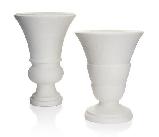 Two plaster urn lamps, Second half 20th Century, Each of flared form on stepped circular bases, larger, 39cm high, smaller, 33cm high (2)