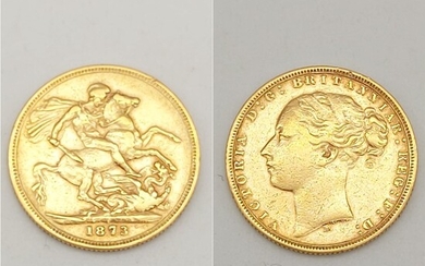 Un souverain complet de la Reine Victoria en or 22K. Daté 1873 - Tête jeune....