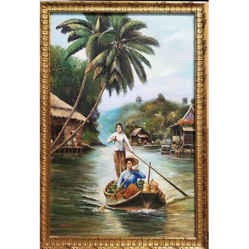 VAZAN (20th Century Thai) 'Figures on a Long Tail Boat on th...