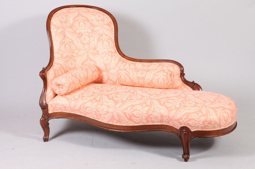 VICTORIAN CARVED WALNUT UPHOLSTERED RECAMIER/CHAISE LONGUE. tufted chair back; short...