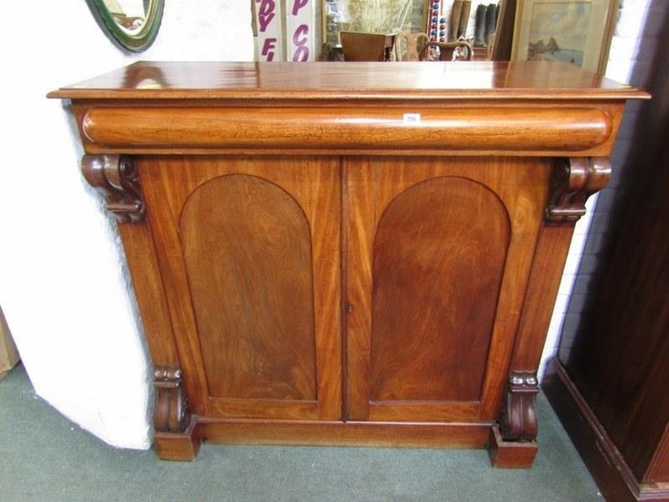 VICTORIAN MAHOGANY SIDE CABINET, with frieze draw above with...