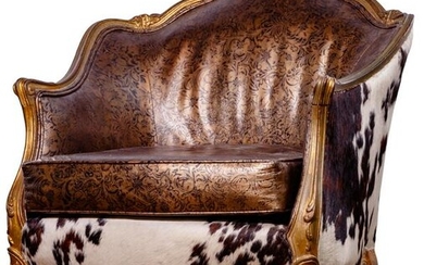 Victorian Style Cowhide and Leather Gilt Armchair