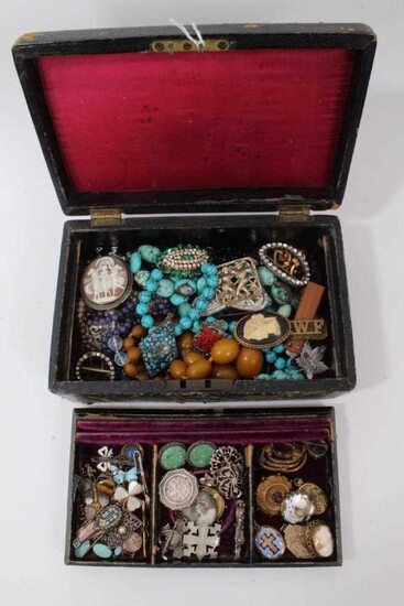 Victorian leather jewellery box containing antique and vintage costume jewellery