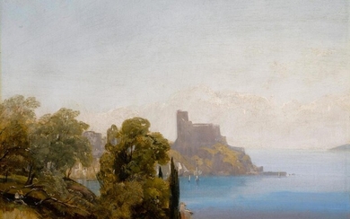 View of Lerici with Baron Charles Rivet sketching in the foreground, Richard Parkes Bonington