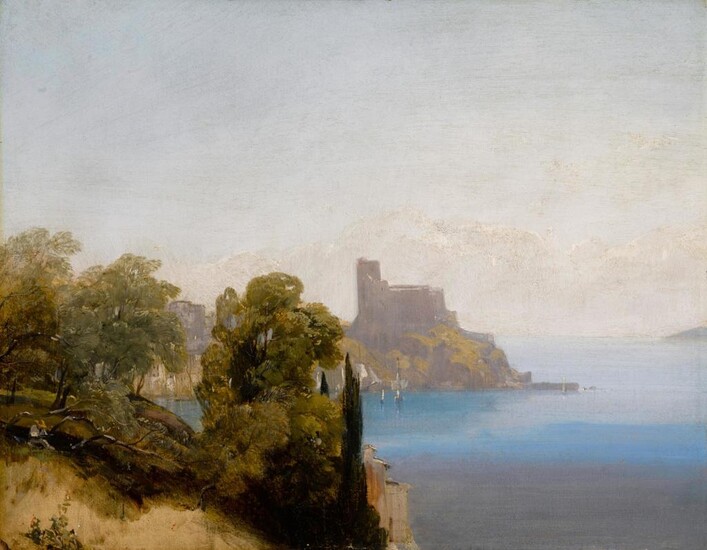 View of Lerici with Baron Charles Rivet sketching in the foreground, Richard Parkes Bonington