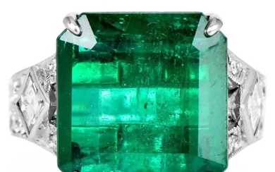 Vintage 7.43 Carat Emerald Diamond Deco Platinum Ring