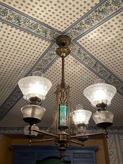 Vintage Brass, Etched Glass Enamel chandelier