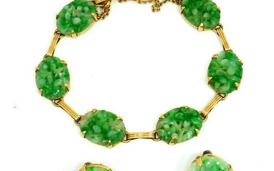 Vintage Carved Jade 14k Yellow Gold Earrings Bracelet