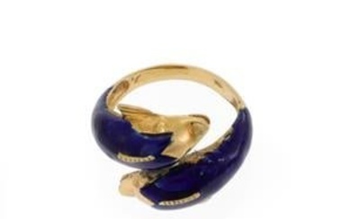 Vintage Greece 18k Yellow Gold Enamel 2 Dolphins Bypass Ring