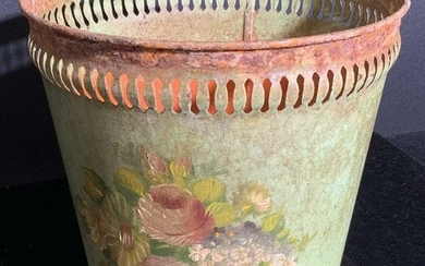 Vintage Hand Painted Floral Tole Cachepot / Bucket