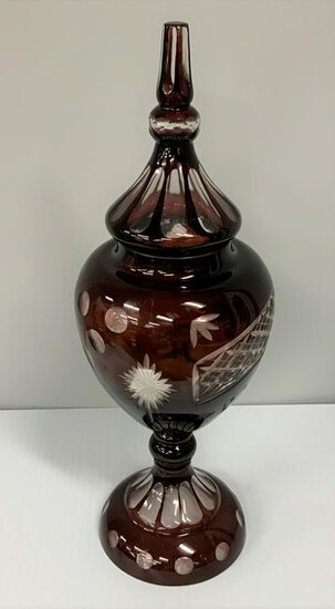 Vintage Red Cut to Clear Glass Lidded Urn Vase