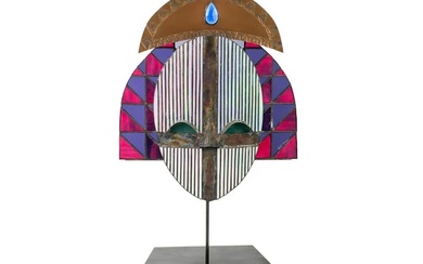 Vintage Stained Glass Bakota Mask on Stand Signed