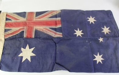 Vintage flags incl. Australian flag (46cm x 90cm), Union Jack (46cm x 90cm), and a Maritime flag (174cm x 85cm)