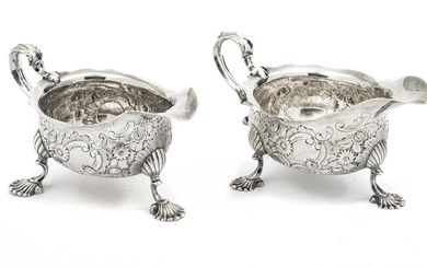 WILLIAM WILLIAMSON, DUBLIN STERLING SILVER SAUCE BOATS, 1747, PAIR L 8 1/2" SHELL FOOTED