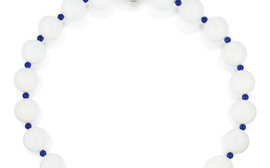 White Agate Lapis Bead and Diamond Necklace