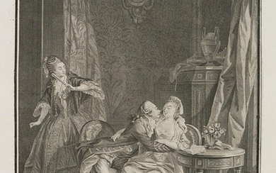 after Jean Michel Moreau (1741-1814), La Surprise, French courtier in the arms of his young mistress is surprised by the lady of the house, c. 1780, Etching