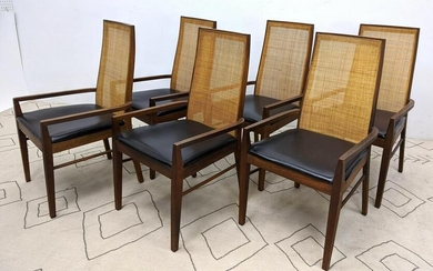 set 6 American Modern Walnut Dining Chairs. Tall Cane