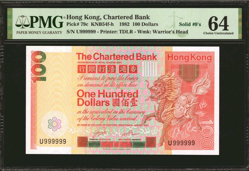 (t) HONG KONG. Lot of (9). Chartered Bank. 100 Dollars, 1979-82. P-79a, 79b & 79c. Solid Serial Numbers. PMG Choice About Uncirculated 5...