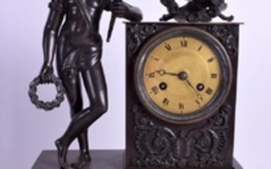 A 19TH CENTURY FRENCH BRONZE MANTEL CLOCK modelled as a