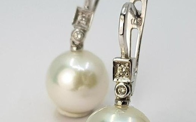 11x12mm Round White Edison Pearls - 14 kt. White gold - Earrings - 0.07 ct