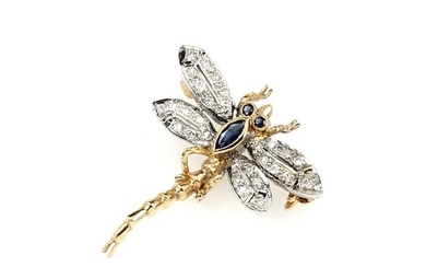 14 kt gold brooch "dragonfly" with diamonds ,...