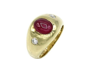 14K Yellow Gold Ruby Cabochon and Diamond Ring