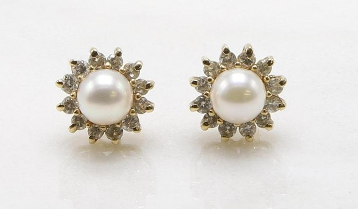 14KY Gold Pearl and Diamond Earrings