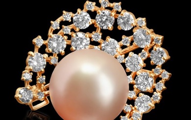 14k Rose Gold 15mm South Sea Pearl 2.20ct Diamond Brooch