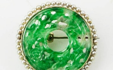 14k Yellow Gold Seed Pearl and Jade Brooch