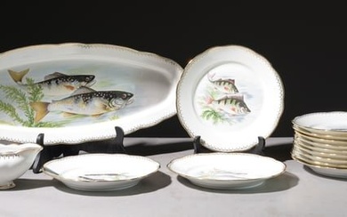 14pc French Fish Plate Set with Gold Rim