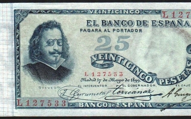 17 de mayo de 1899. 25 pesetas. Serie L. Prácticamente EBC+. Muy buen ejemplar