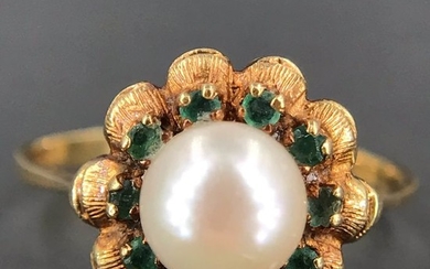 18 kt. Gold - Ring Pearl - Emeralds