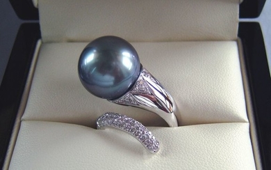 18 kt. Tahitian pearl, White gold - Ring 14.5 mm Tahiti Pearl - Diamonds