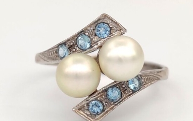 18 kt. White gold - Ring - 0.18 ct Topazs - Akoya pearls 6.00 mm