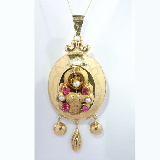 18 kt. Yellow gold - Pendant, Antique Victorian, Anno 1880 - Red Strass - Pearls