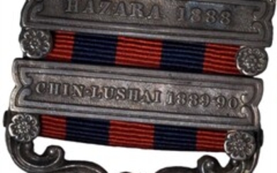 1854 India General Service medal with two clasps: HAZARA 1888 and CHIN-LUSHAI 1889-90. Silver, 36 mm. MY-117 (clasps xii and xv), BBM-70...