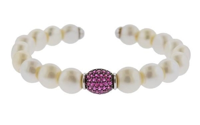 18K Gold Pink Gemstone Pearl Cuff Bracelet