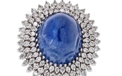 18K White Gold Blue Cabochon Carved Sapphire And Diamond Ring