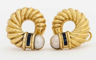 18K Yellow Gold Mabe Pearl & Sapphire Earrings