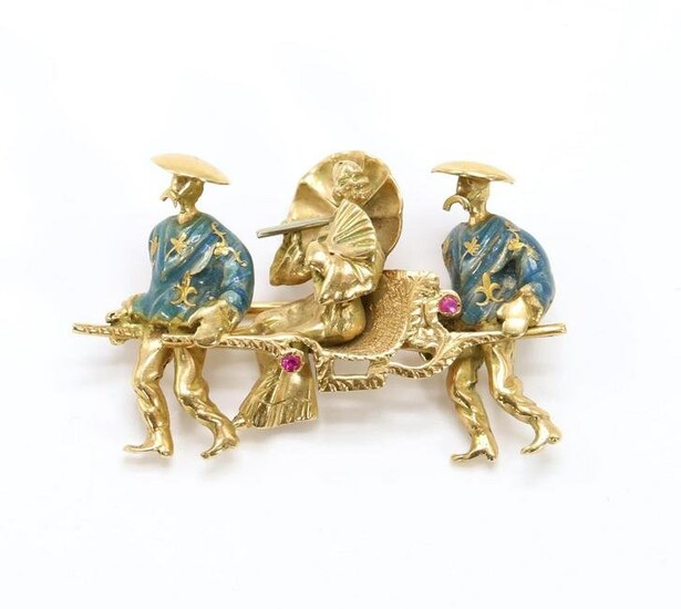 18KY Gold Enamel and Ruby Figural Pin