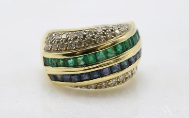 18KY Gold Sapphire, Emerald and Diamond Ring