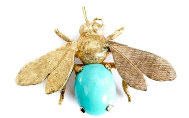 18k Yellow Gold Bee Turquoise Pin Brooch