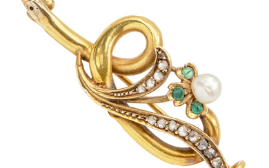 18k Yellow Gold Emerald, Diamond and Pearl Brooch.