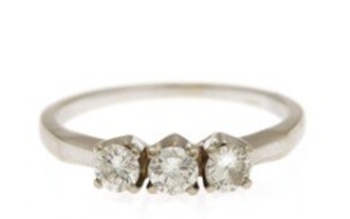 1927/1137 - A diamond ring set with three brilliant-cut diamonds, totalling app. 0.75 ct., mounted in 14k white gold. Size 61.