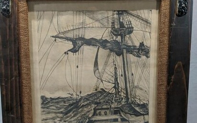 1976 Signed Kretschmer Sou'wester Ship in Storm Drawing