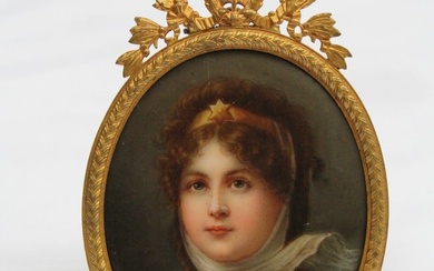 19C HAND PAINTING ON PORCELAIN WITH BRONZE FRAME