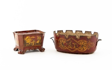 19TH C. FRENCH RED TOLE CACHE POT & ENCRIER