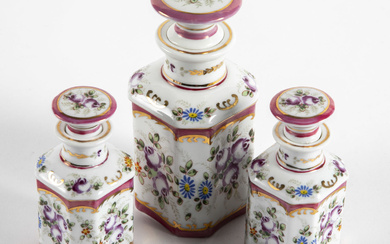 A Set of Three Polychrome Porcelain Perfume Bottle, France, 19th...