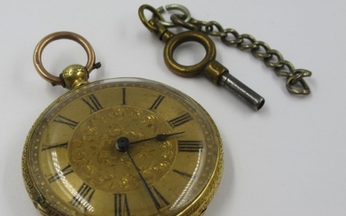 19th Century 18ct gold cased open face fob watch, the gilt d...
