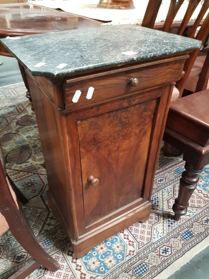 19th Century French Walnut Bedside Cabinet, with black marble top, single drawer & door
